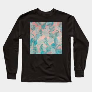 Retro Floral Pattern Design, Teal Leaves & Pink Background: Apparel, Spring & Summer Home Decor & Gifts Long Sleeve T-Shirt